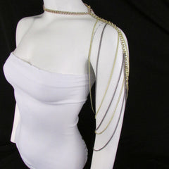 Brand New Women Trendy One Side Body Chain Gold Metal Black Pewter Mesh Chain Necklace Fashion Shoulder Drapes Lady Gaga Women Accessories - alwaystyle4you - 2