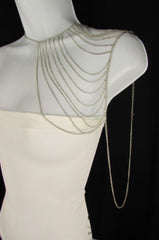 Brand New Casual Trendy Body Chain Silver Metal Thin Chain Necklace Fashion One Side Shoulder Drapes Lady Gaga Women Accessories - alwaystyle4you - 2