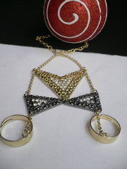 New Women Trendy Gold Black Rhinestone Arrows Metal Hand Chain Slave Ring Fashion Body Chain Bracelet Slave Ring Beach Party - alwaystyle4you - 4