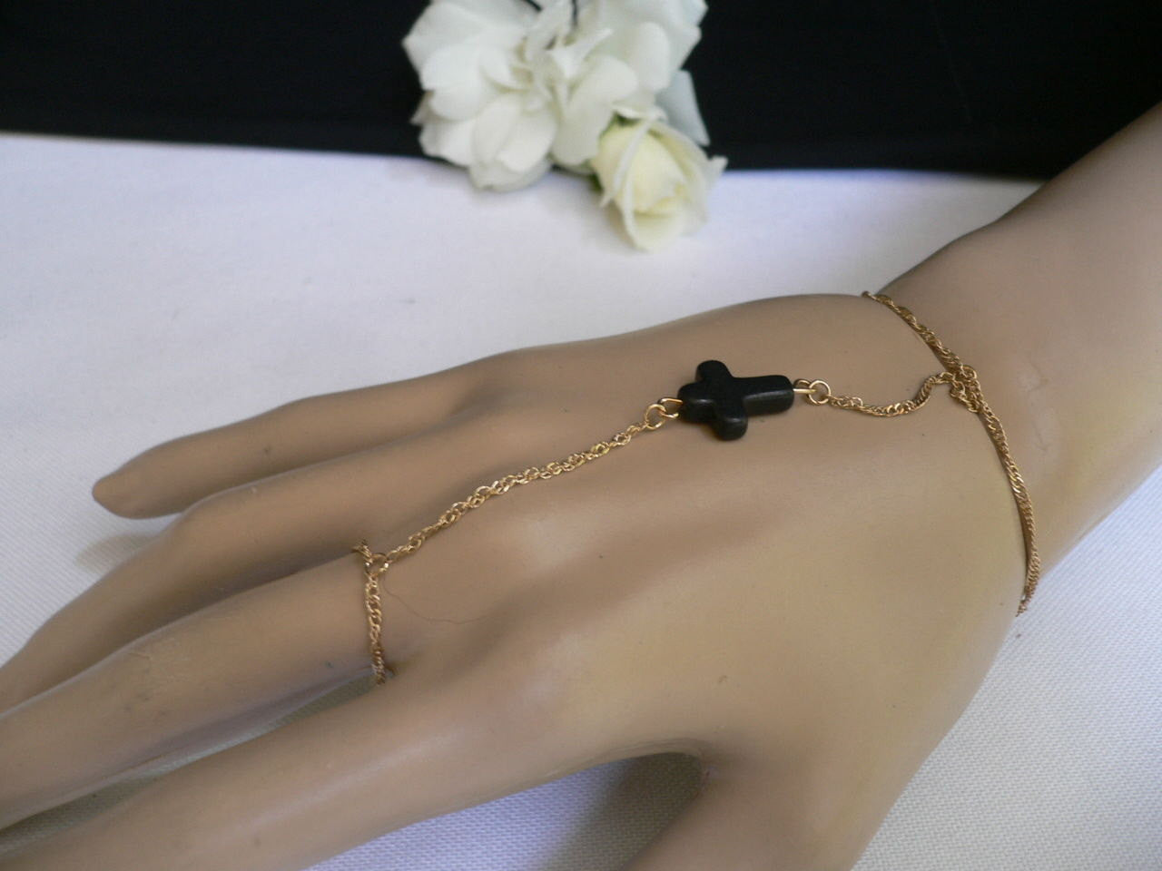 Women Trendy Black Cross Metal Gold Hand Chain Slave Ring Fashion Classic Bracelet Slave Ring Beach Party - alwaystyle4you - 1