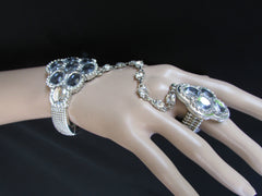 New Women Trendy Rhinestones + Beads Metal Silver Hand Chain Slave Ring Fashion Elastic Bracelet Slave Ring - alwaystyle4you - 1