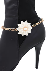 Women Gold Metal Western Boot Chain Bracelet Shoe Anklet Big Cream Flower Charm Adjustable Band One Size