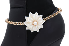 Women Gold Metal Western Boot Chain Bracelet Shoe Anklet Big Cream Flower Charm Adjustable Band One Size