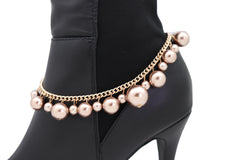 Women Gold Metal Chain Boot Bracelet Anklet Shoe Bronze Pearl Bead Charm Elegant