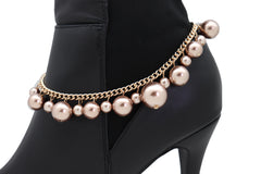 Women Gold Metal Chain Boot Bracelet Anklet Shoe Bronze Pearl Bead Charm Elegant