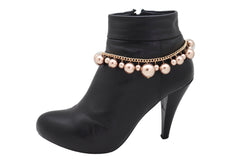 Women Gold Metal Chain Boot Bracelet Anklet Shoe Bronze Pearl Bead Charm Elegant