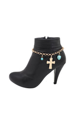 Cross & Turquoise Bead Charms Metal Chain Boot Bracelet
