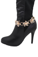 Women Gold Metal Chain Boot Bracelet High Heel Shoe Charm Bling Flower Anklet Elegant Dressy Look