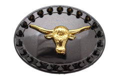 NEW Men Oval Belt Buckle Pewter Black Metal Gold Long Horn Cow Bull Western Spikes