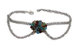 Women Silver Metal Boot Chain Bracelet Shoe Multicolor Beads Charm Wrap Anklet Adjustable Band Size