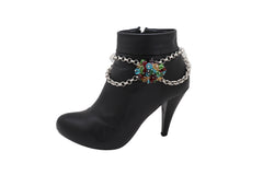 Women Silver Metal Boot Chain Bracelet Shoe Multicolor Beads Charm Wrap Anklet Adjustable Band Size