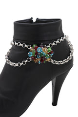 Women Silver Metal Boot Chain Bracelet Shoe Multicolor Beads Charm Wrap Anklet Adjustable Band Size