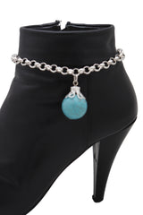 Women Silver Metal Chain Boot Bracelet Anklet Shoe Turquoise Blue Ethnic Charm Bohemian Style