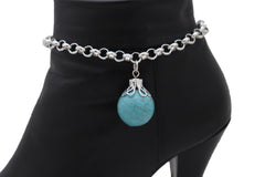 Women Silver Metal Chain Boot Bracelet Anklet Shoe Turquoise Blue Ethnic Charm Bohemian Style