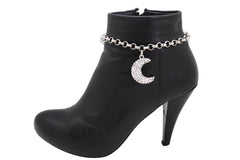 Women Silver Metal Chain Boot Bracelet Shoe Charm Jewelry Bling Shiny Half Moon Decorative Style Jewelry