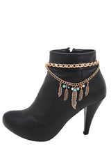Women Antique Gold Boot Chain Bracelet Western Shoe Charm Ethnic Jewelry Feather Bohemian Style