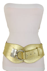 Crocodile Stamped Gold Faux Leather Elastic Waist Silver Ring Buckle Belt Size S M