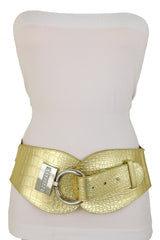 Crocodile Stamped Gold Faux Leather Elastic Waist Silver Ring Buckle Belt Size S M