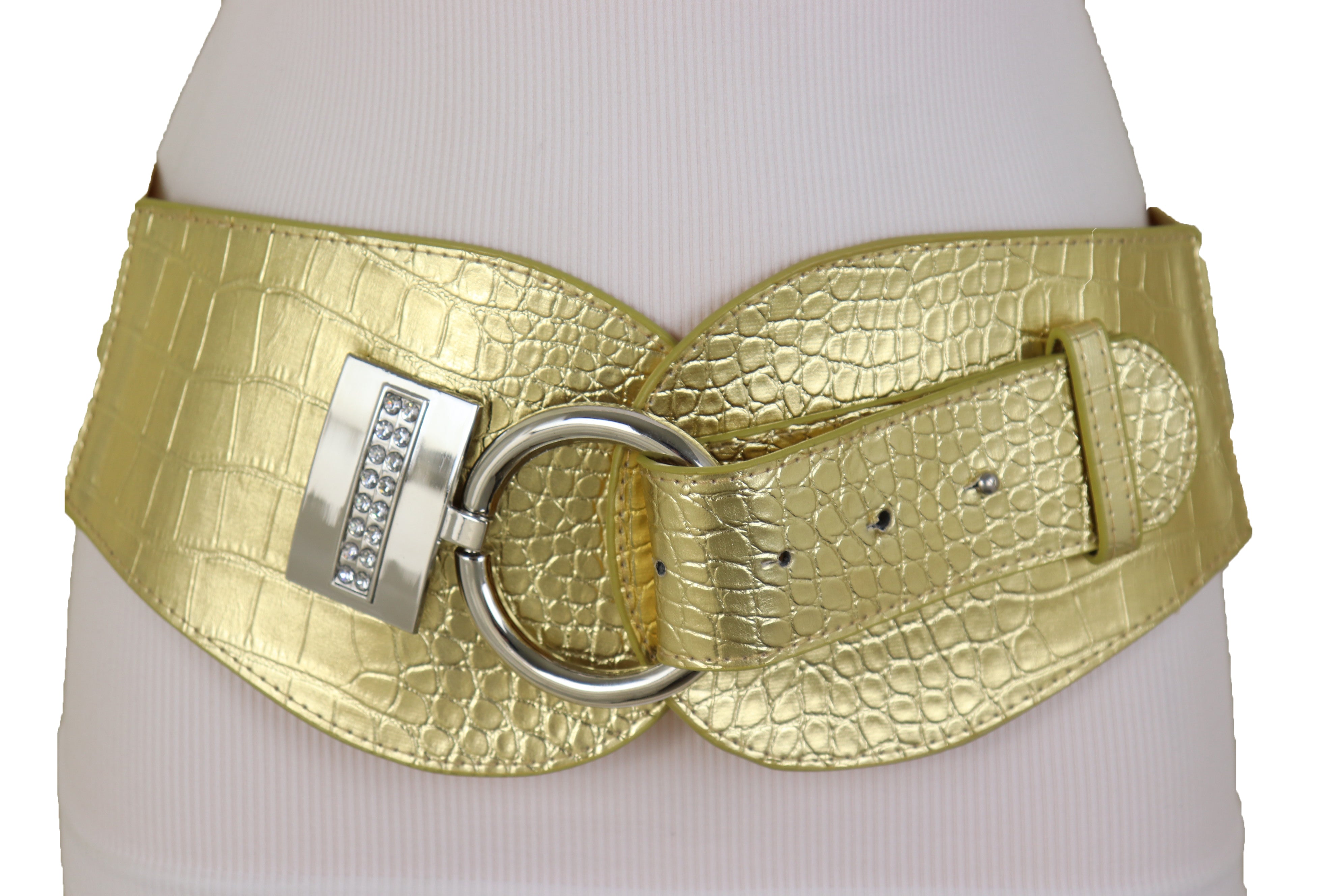 Silver Metal Hook Buckle Gold Faux Leather Waist Hip Elastic Belt