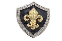 Rhinestone Outlined Shield Fleur de Lis Emblem Belt Buckle