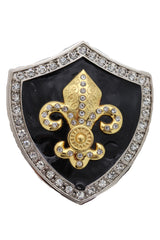 Rhinestone Outlined Shield Fleur de Lis Emblem Belt Buckle