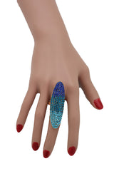 Ring Long Gold Metal Oval Shape Blue Bling Sleek Size 8
