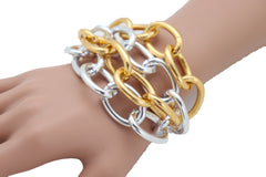 Women Silver Gold Color Metal Chunky Chain Thick Links Bracelet Adjustable Size Band