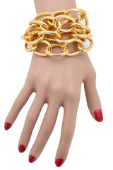 Women Gold Metal Chain Links Multi Strands Wrist Bracelet Bling Adjustable Size Band