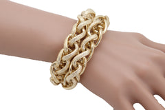 Women Bracelet Gold Textured Chain Links Double Strands Bulky Attractive Stylish Look