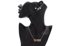 Necklace Jewelry Gold Metal Chain Charm BOSS Pendant + Set 3 Different Earring