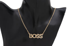 Fashion Necklace Gold Metal Chain BOSS Pendant + Set 3 Different Earring