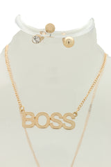 Fashion Necklace Gold Metal Chain BOSS Pendant + Set 3 Different Earring