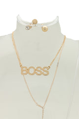 Necklace Jewelry Gold Metal Chain Charm BOSS Pendant + Set 3 Different Earring