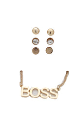 Fashion Necklace Gold Metal Chain BOSS Pendant + Set 3 Different Earring