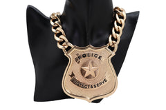 Gold Metal Chain Necklace Big Police Badge Pendant Protect & Serve