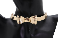 Gold Metal Chain Short Choker Necklace Bow Ribbon Pendant