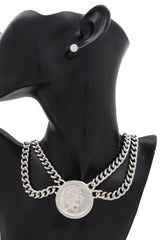 Silver Metal Chain Necklace Greek Face Coin Pendant Set