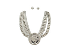 Silver Metal Chain Necklace Greek Face Coin Pendant Set