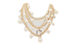 Women Fancy Gold Metal Chain Pearl Beads 3 Strands Long Necklace