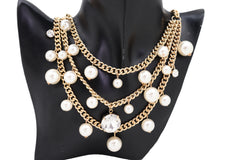 Women Fancy Gold Metal Chain Pearl Beads 3 Strands Long Necklace