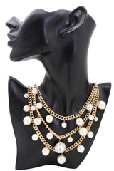 Women Fancy Gold Metal Chain Pearl Beads 3 Strands Long Necklace