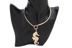 Short Necklace Gold Metal Set Sea Horse Pendant Charm