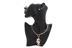 Short Necklace Gold Metal Set Sea Horse Pendant Charm