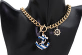 Women Gold Metal Chain Blue Anchor Charm Nautical Ship Necklace Ocean Ship Style