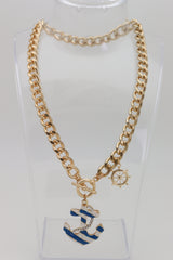 Women Gold Metal Chain White Blue Stripes Anchor Charm Nautical Ship Necklace