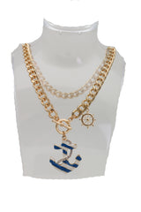 Women Gold Metal Chain White Blue Stripes Anchor Charm Nautical Ship Necklace
