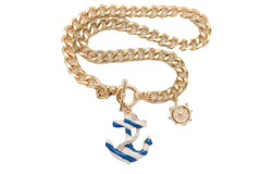 Women Gold Metal Chain Blue Anchor Charm Nautical Ship Necklace Ocean Ship Style