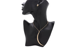 Gold Metal Chain Long Fashion Necklace Jewelry Long Moon Pendant + Earring