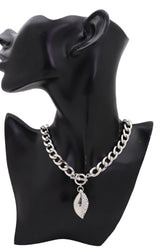 Silver Metal Chain Links Necklace Leaf Bling Bean Pendant