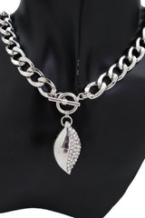 Silver Metal Chain Links Necklace Leaf Bling Bean Pendant